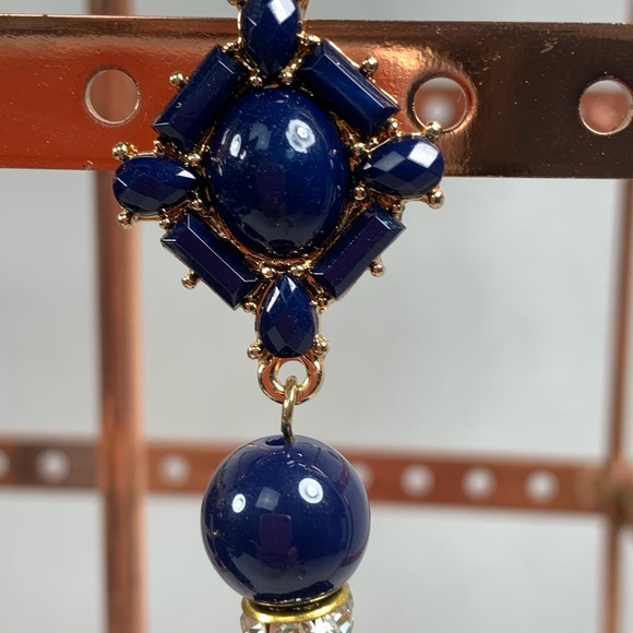 Navy Blue Tassel Hanging Earrings Bead Rhinestone - Picture 2 of 2